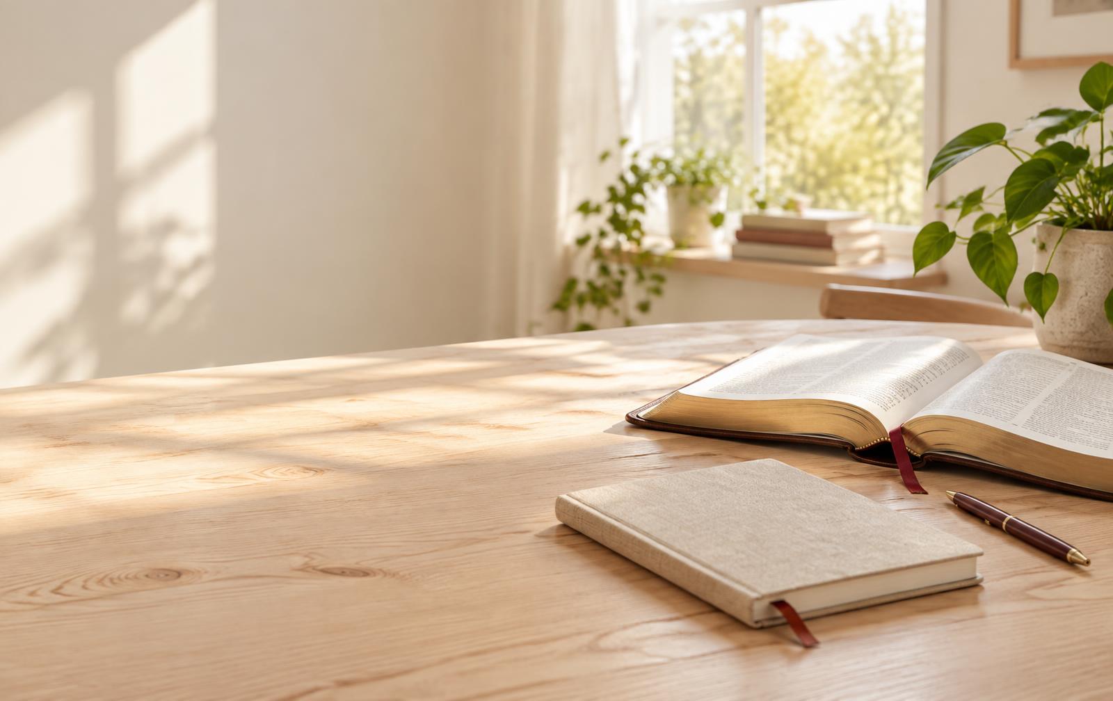 An open Bible and journal in warm morning light